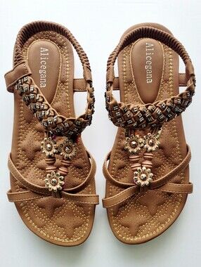 Alicegana Brown Embellished Comfort Walking Sandals Size 38 US Size 7.5